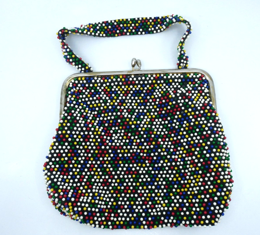 Vintage 60s POPPY BAG Beaded Retro Candy Dot Purse Handbag Kiss Lock Closure